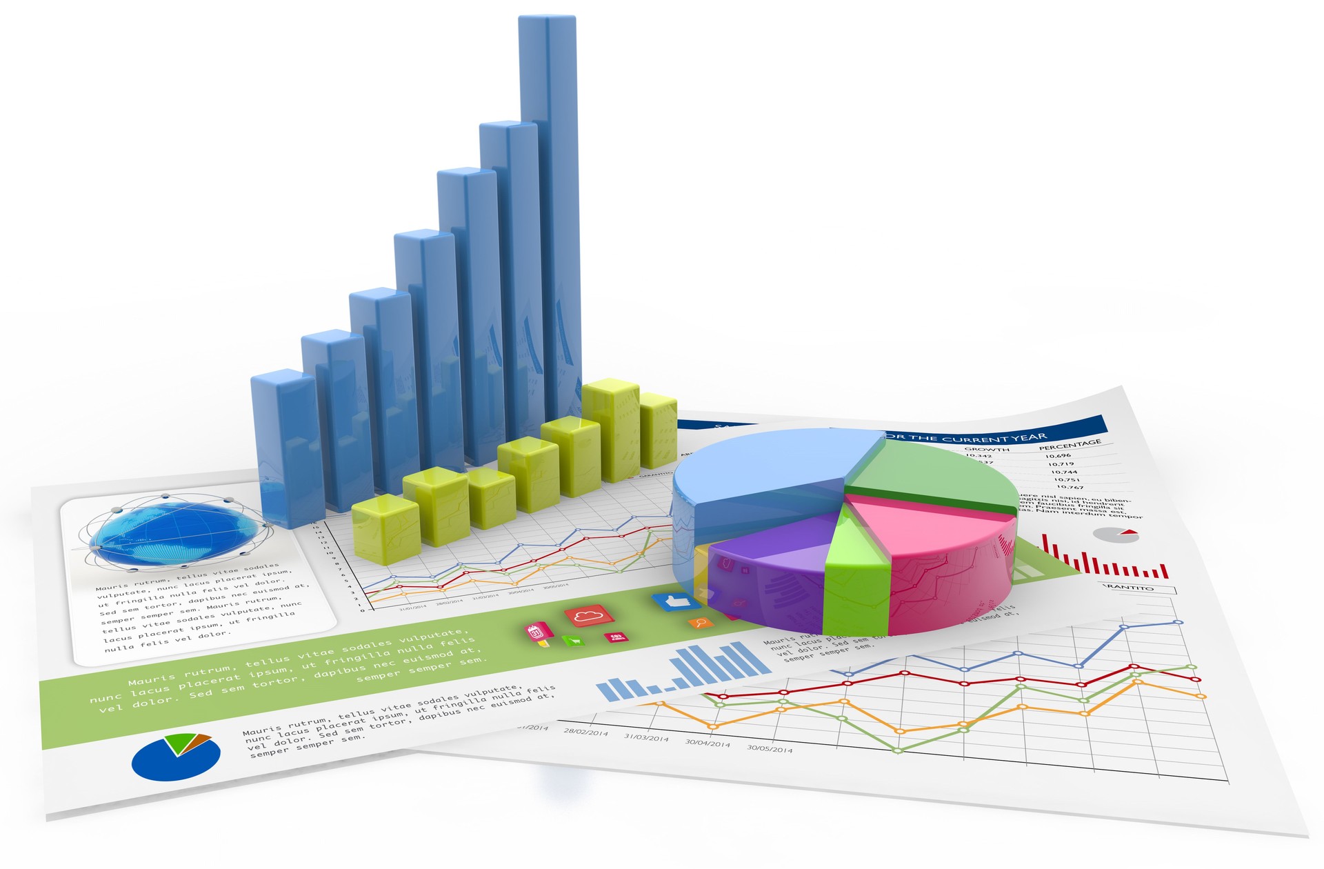 financial graphs and charts isolated on white