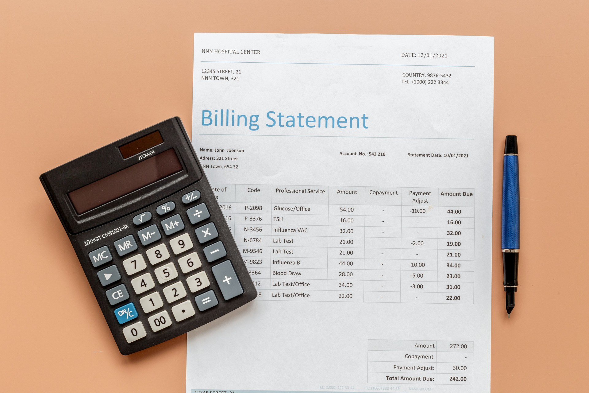 Payment for medical services. Medical health care billing statement in hospital, top view