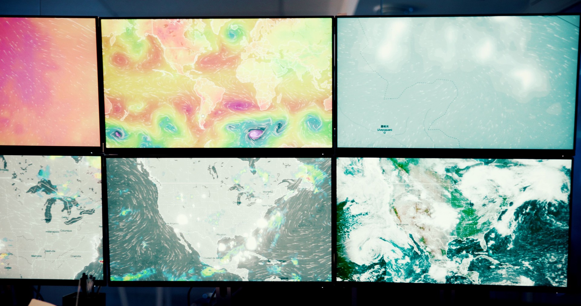 Monitor, screen and report with map, meteorology and broadcast for news research. Ecology, environment and weather science with forecast for data, control room update and climate change satellite