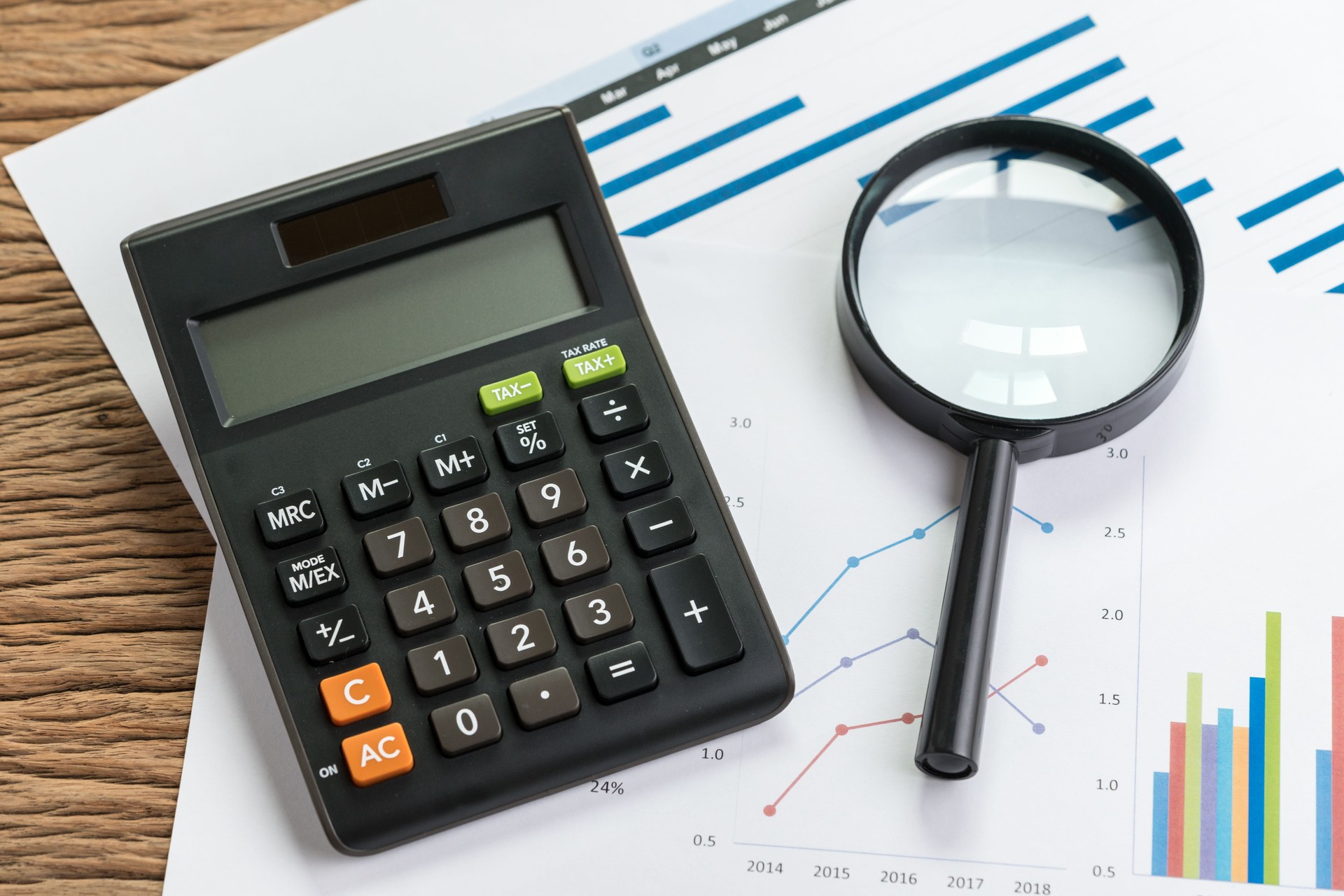 Business perfomance review or KPI key point indicator estimation concept, calculator with magnifier glass on pile of graph and chart performance print paper on wood table