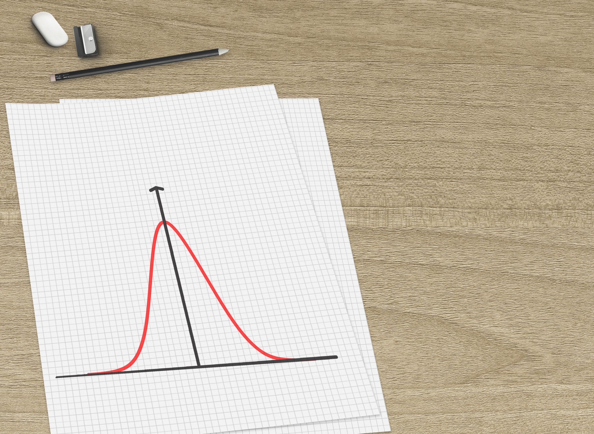 Gaussian curve on piece of paper on a desk. Standard normal distribution, also Gaussian distribution or bell curve. Used in statistics to represent random variables of unknown distributions.