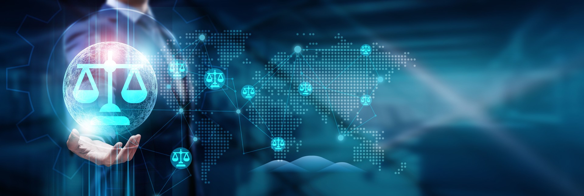 Businessman hand holding global network connection on AI in law enforcement, crime detection, predictive analytics, surveillance systems, data analysis, cybersecurity, technology, and futuristic innovations