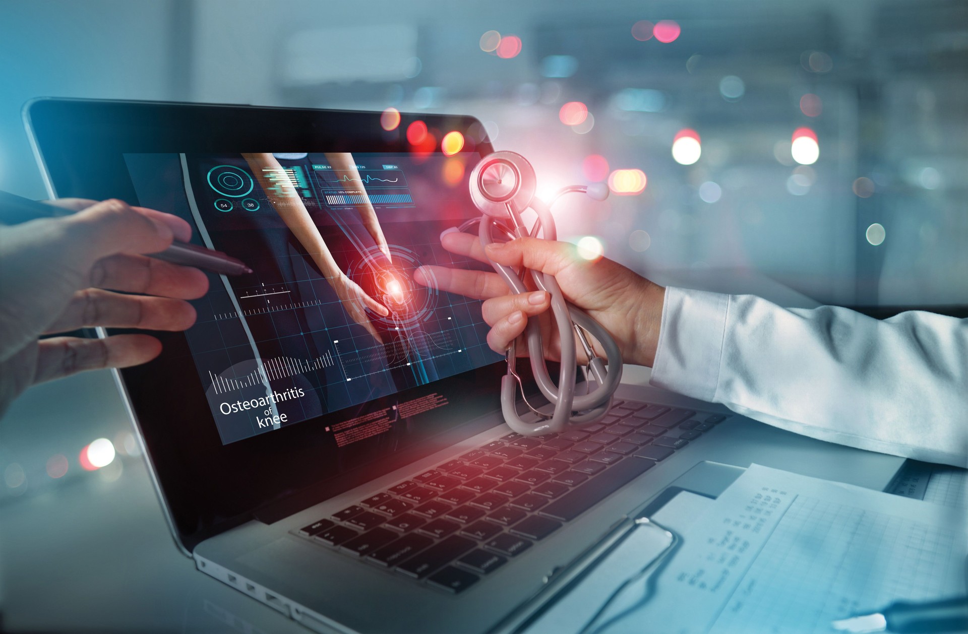 Medicine doctor team meeting and analysis. Diagnose checking osteoarthritis knee testing result with modern virtual interface on laptop, Joint ache problems, Medical technology network.