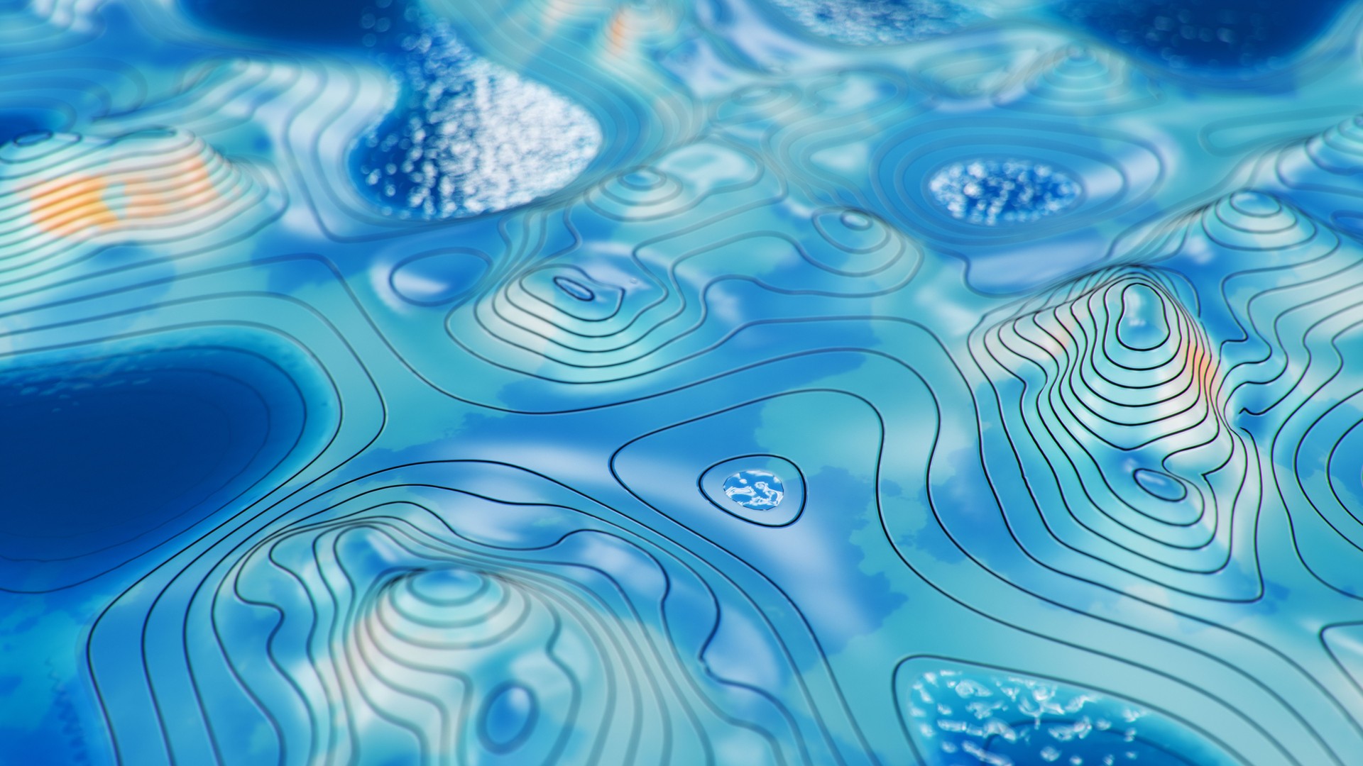 Topographic 3D map with water. Contour lines on a topographic map. Studying the geography of the area: hills, mountains and plains. Cartography concept, mountain hiking, 3d illustration