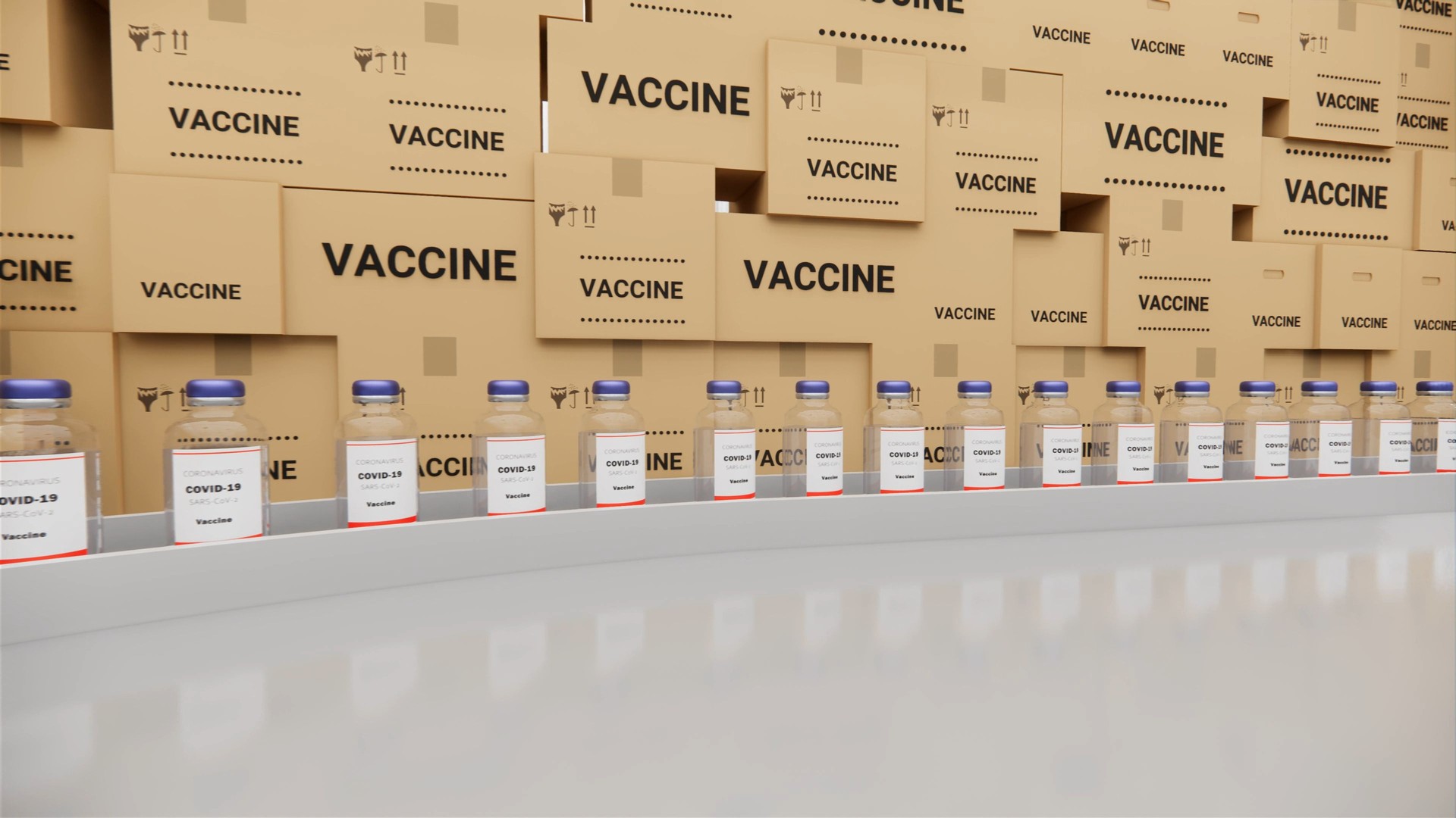 Vaccine bottles on the production line. Coronavirus vaccine has been certified and ready to injection. Many families are waiting to be vaccination from covid-19 and sars, loop 3d render.