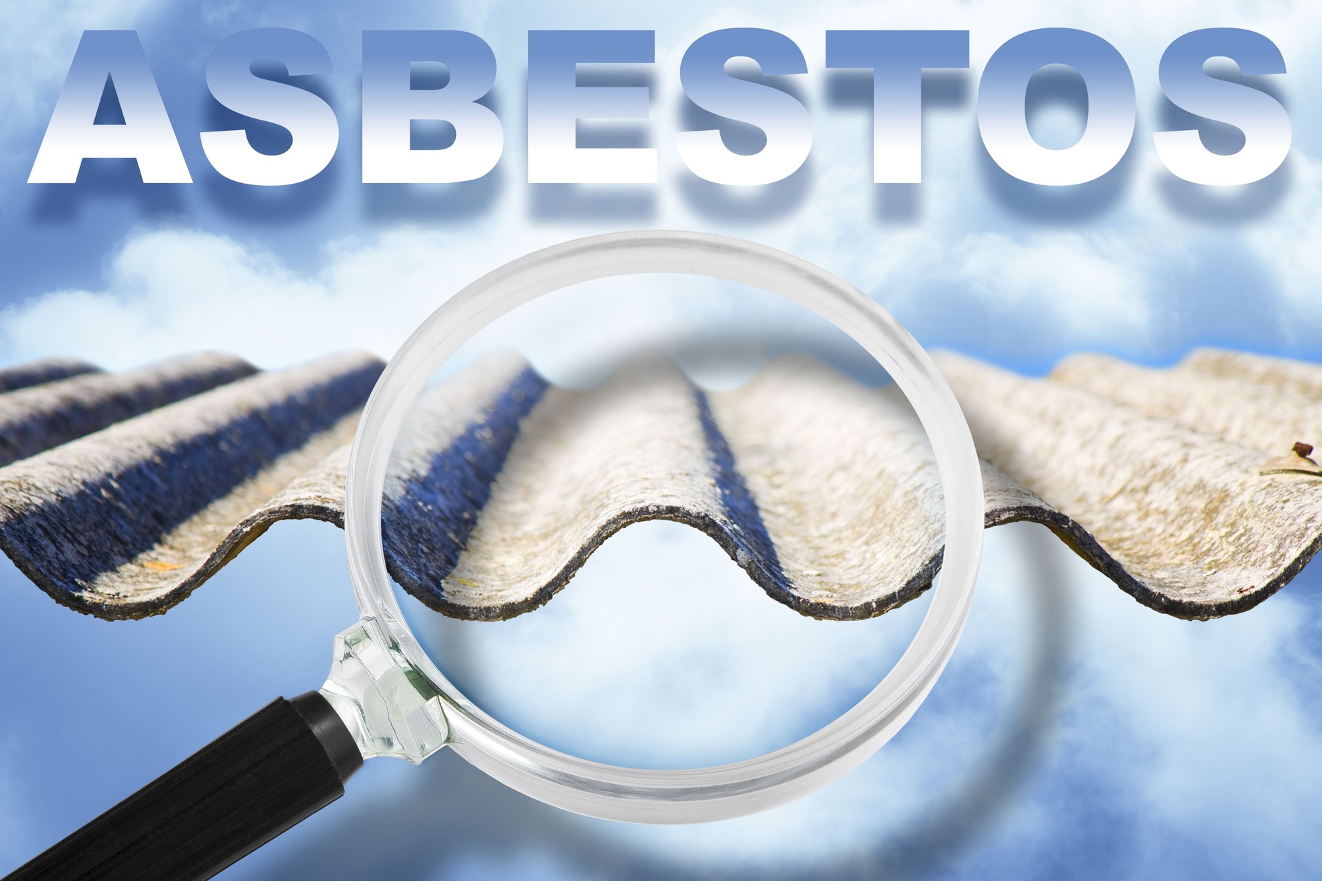 ASBESTOS AIR TESTING AND MONITORING AIRBORNE MICROSCOPIC ASBESTOS FIBERS concentration dispersed in air - Concept  with magnifying glass and text