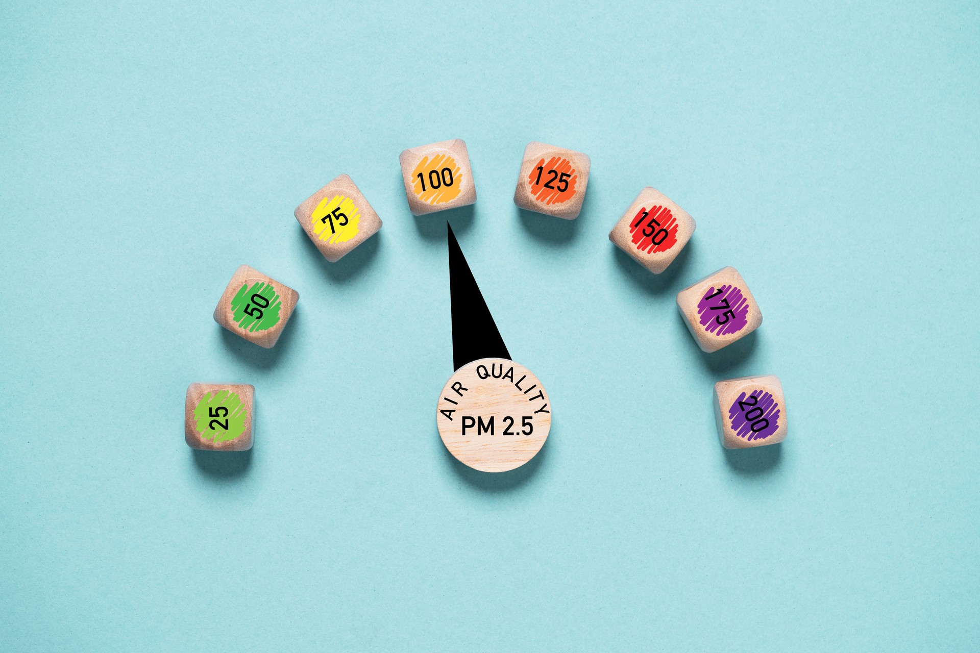 Air quality indicator scale on blue background which check PM 2.5 or particulate matter 2.5 micron for air pollution effect to health and lifestyle concept.