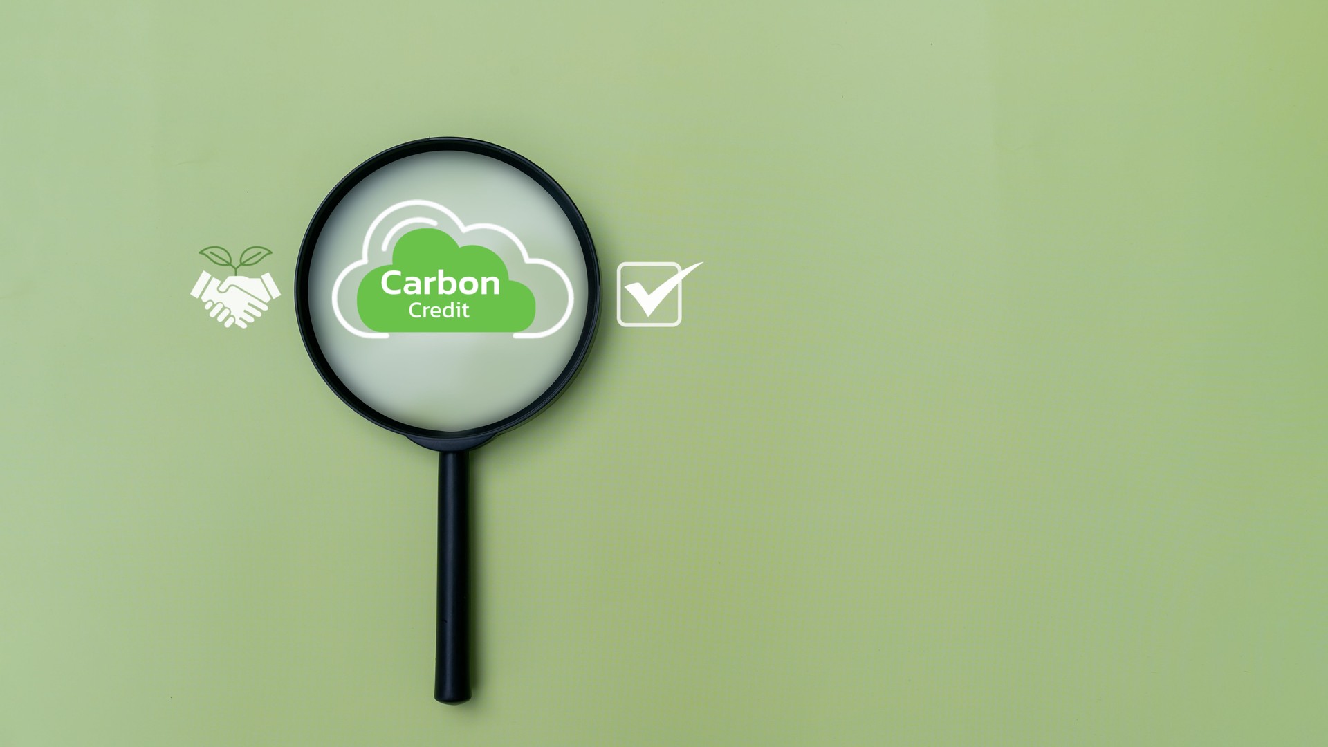 Magnifying glass highlighting carbon credit on green background with eco-friendly and checkmark icons. Concept of climate responsibility, carbon offset, and sustainability validation.
