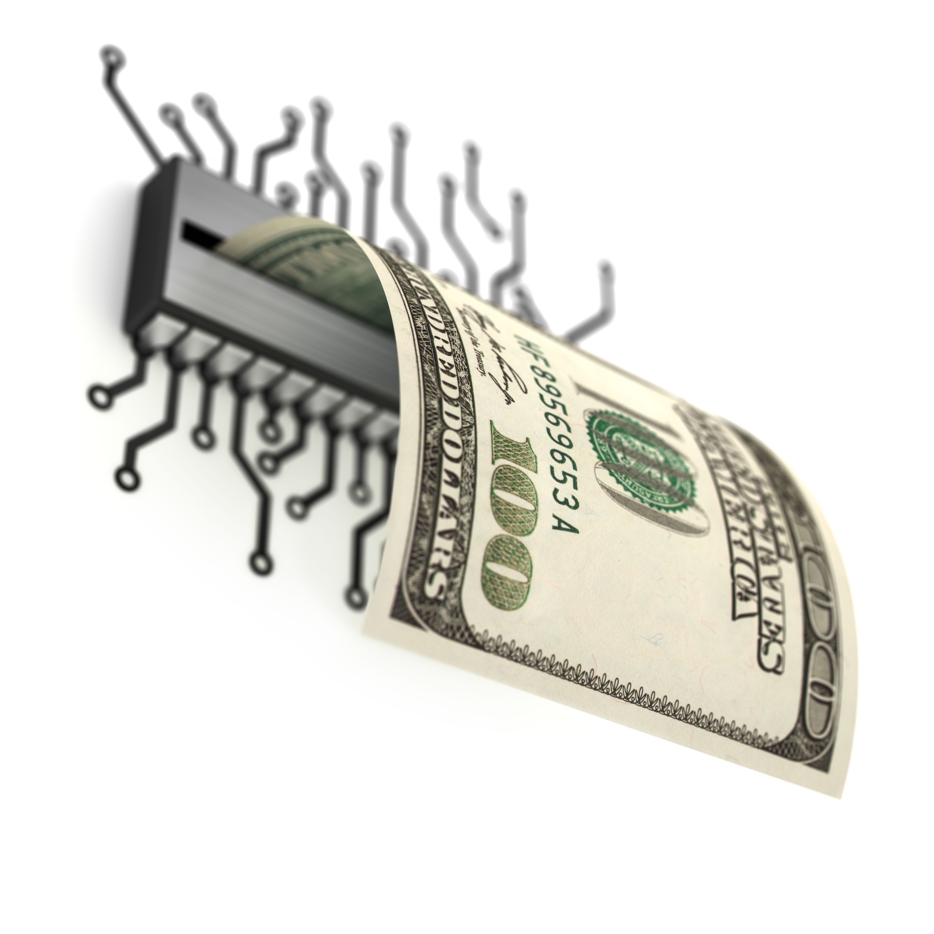 Transformation from paper money to digital currency. Electronic microchip and 100 american Dollars isolated on the white background.  Money exchange.
