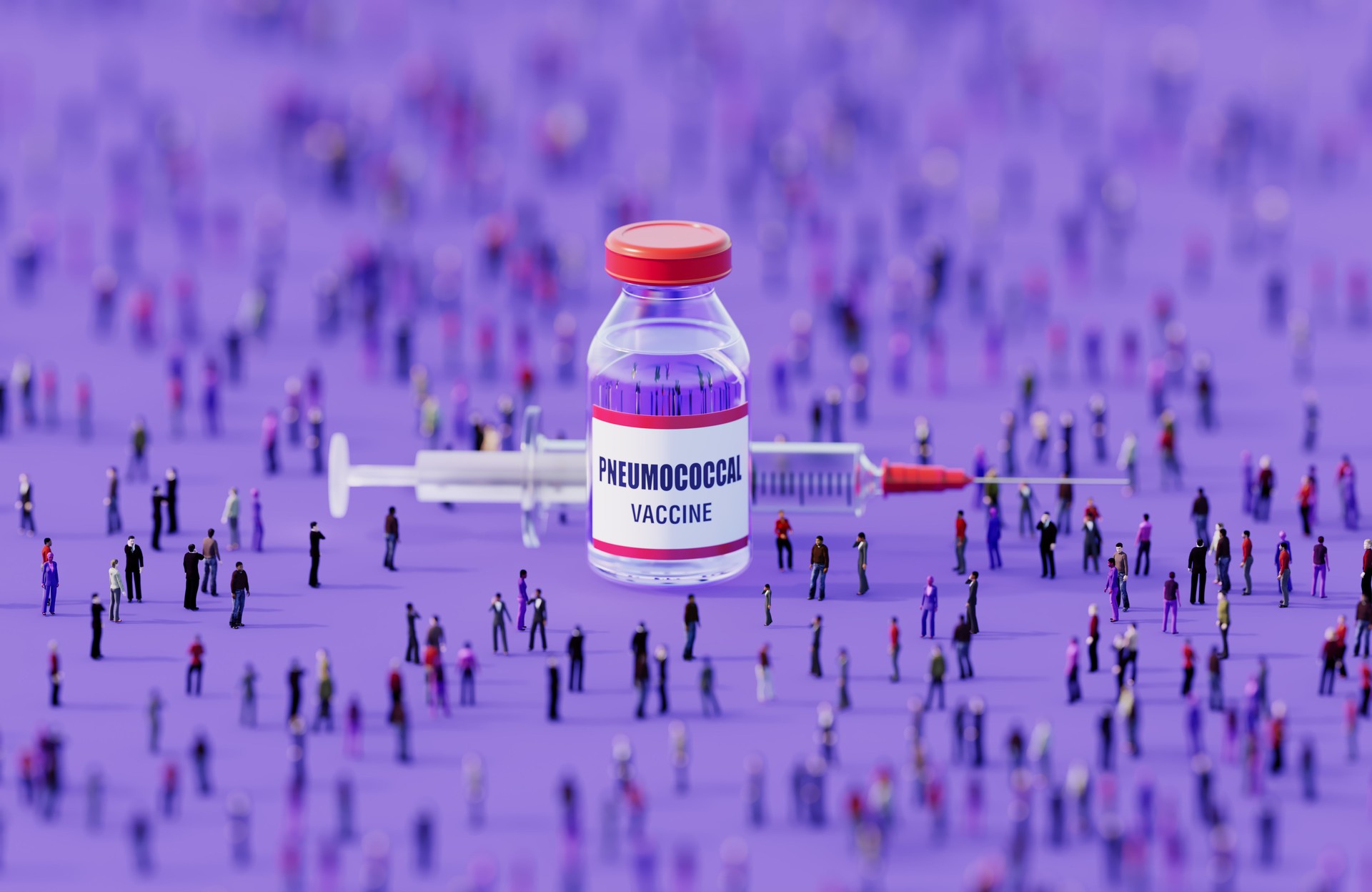 Human Crowd Surrounding An Injectable Pneumococcal Vaccine Bottle On Purple Background
