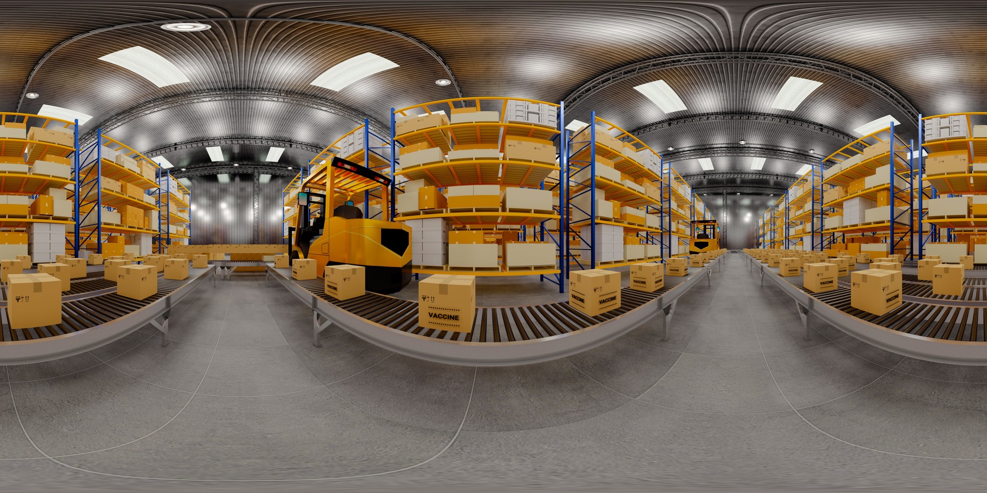 Warehouse with cardboard boxes inside on pallets racks, logistic center. Loft modern warehouse. Cardboard boxes on a conveyor belt in a warehouse, 3D rendering